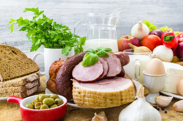 Composition variety grocery products meat dairy — Stock Image Composition variety grocery products meat dairy Royalty Free Stock Photos