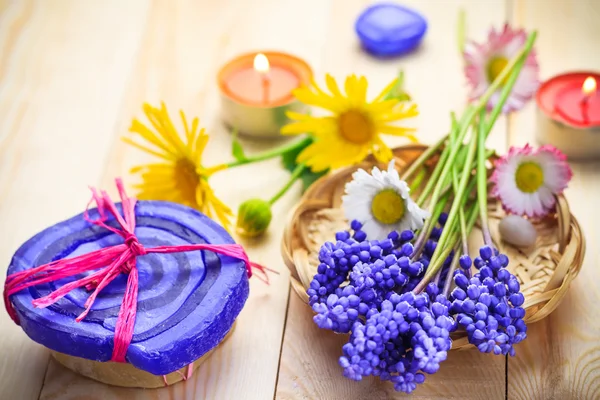 Handmade soap flowers wooden table — Stock Photo, Image