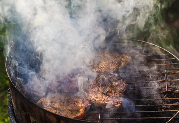 BBQ trädgård grillade korvar — Stockfoto