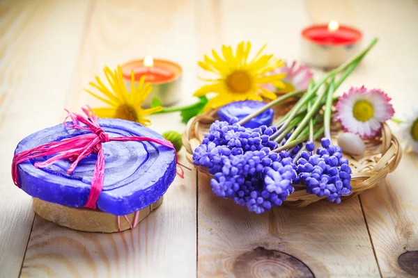 Handmade soap flowers wooden table — Stock Photo, Image