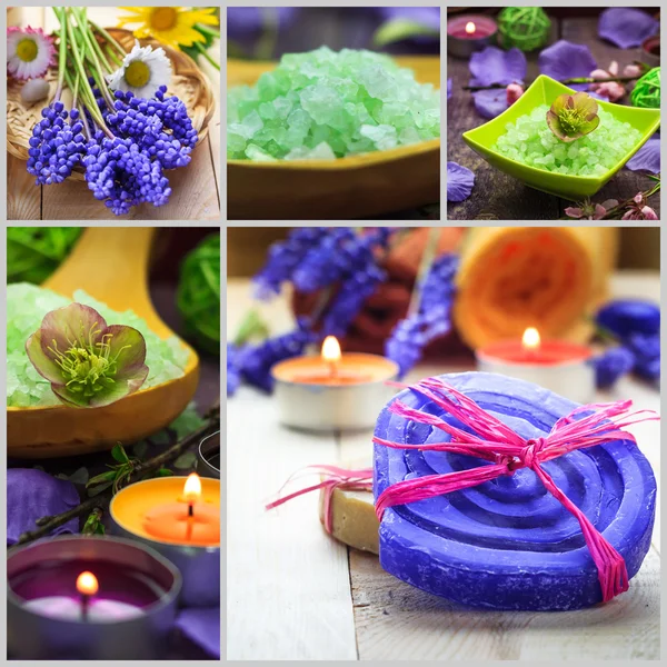 Collage Spa concept saponi alle erbe candele profumate — Foto Stock
