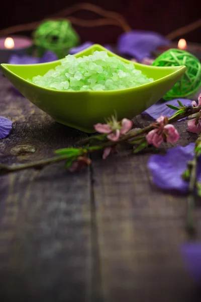 Spa concept closeup green bathing salt — Stock Photo, Image