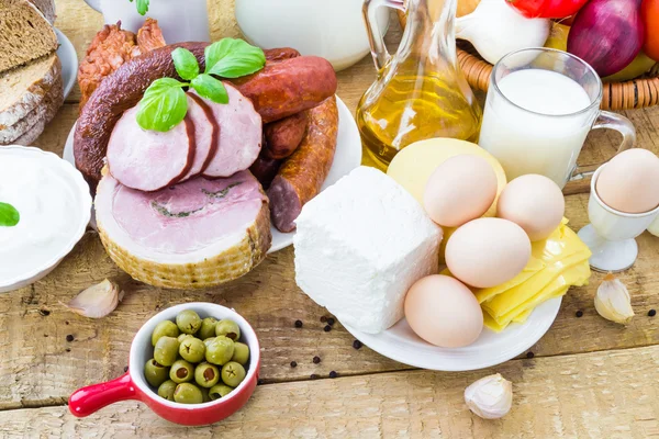 Zusammensetzung Vielfalt Lebensmittelprodukte Fleisch Milchprodukte — Stockfoto