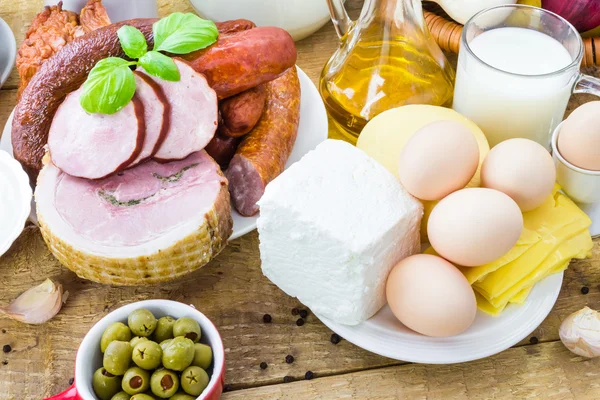 Zusammensetzung Vielfalt Lebensmittelprodukte Fleisch Milchprodukte — Stockfoto