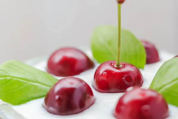 Closeup cherry fruit cream dessert — Stock Photo, Image