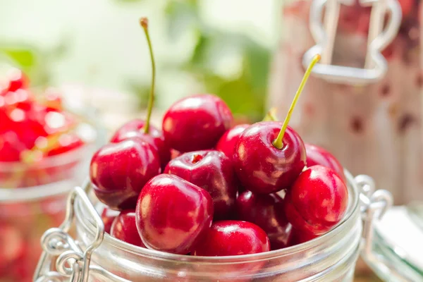 Frutas de verano primer plano cerezas tarro procesado — Foto de Stock