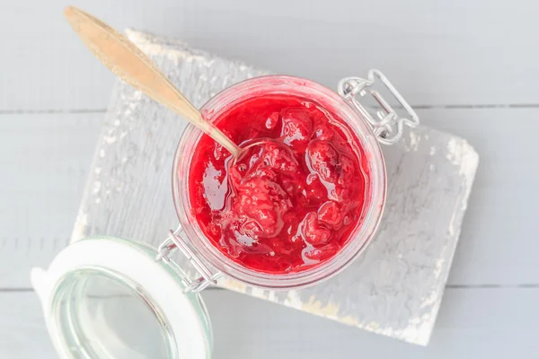 Marmellata di uva spina vaso vista dall'alto — Foto Stock