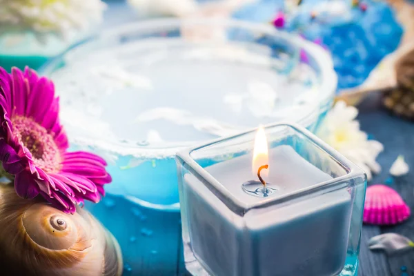 Elements spa relaxation including candles water salt bath — Stock Photo, Image