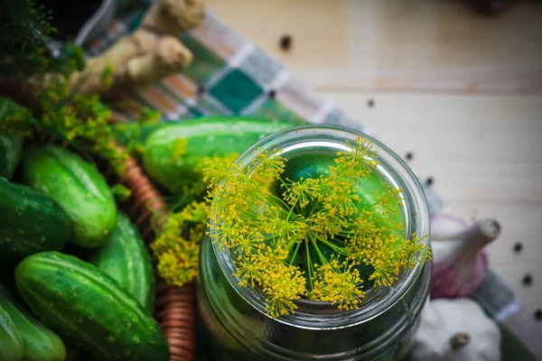 Vista superior closeup jar picles outros ingredientes decapagem — Fotografia de Stock