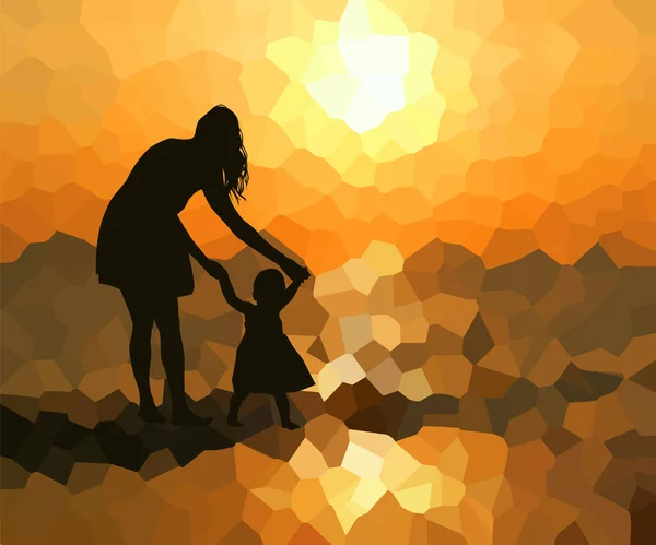 Μαμά και κόρη στο ηλιοβασίλεμα. . Ευτυχία να είμαστε μαζί. Εικονογράφηση διανύσματος — Διανυσματικό Αρχείο