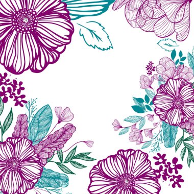 Güzel çiçeklerden yapılmış çerçeve. Çiçek kartı. Vektör illüstrasyonu