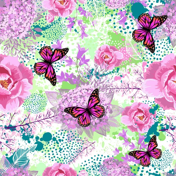 Bezešvé pozadí s motýly a krásné květiny. Vektorová ilustrace — Stockový vektor