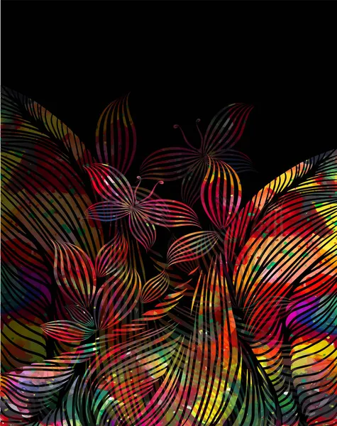 Fondo oscuro abstracto multicolor de líneas y mariposas. Ilustración vectorial — Archivo Imágenes Vectoriales
