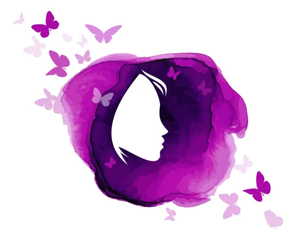 Akvarell flicka ansikte med fjärilar. Vektorillustration — Stock vektor