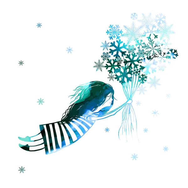 雪の結晶の花束を持つ少女。クリスマスカード。ベクターイラスト — ストックベクタ