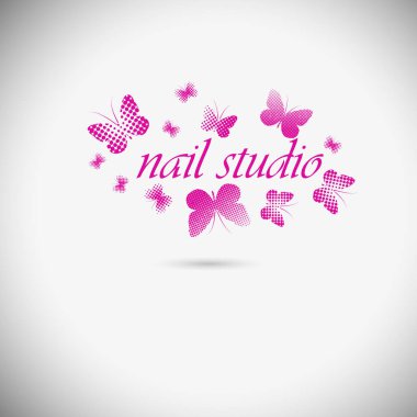 Tırnak stüdyosu. Pembe kelebekler. Tırnak cilası logosu. vektör illüstrasyonu