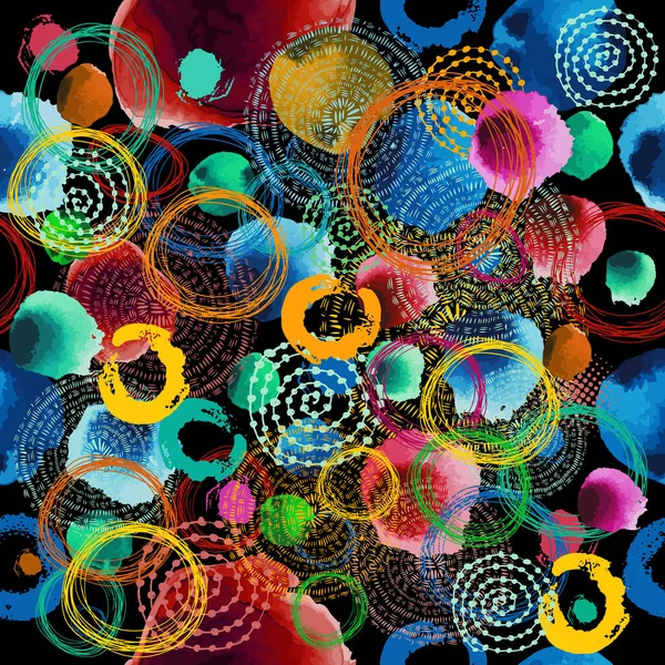 Seamless pattern of watercolor multicolored circles. Dark background. Vector illustration — Stock Vector