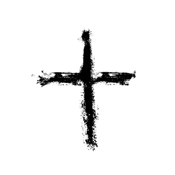 Ręka ciągnione czarny ilustracja krzyż ikona, prosty znak chrześcijańskiej, ręcznie malowane symbol krzyżyka utworzone za pomocą pędzla prawdziwy atrament na białym tle. — Wektor stockowy