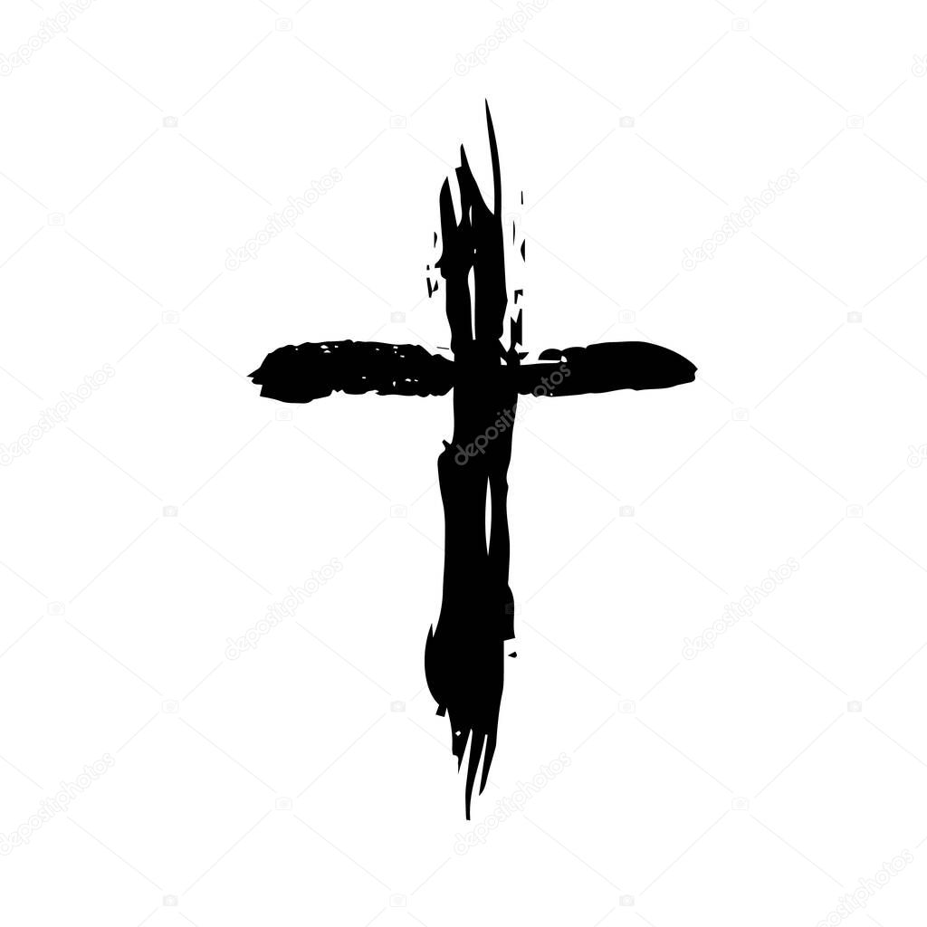 Hand drawn black grunge cross icon, simple Christian cross sign, hand-painted cross symbol created with real ink brush isolated on white background.