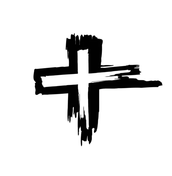Ícone de cruz de grunge preto desenhado à mão, sinal de cruz cristão simples, símbolo de cruz pintado à mão criado com pincel de tinta real isolado —  Vetores de Stock
