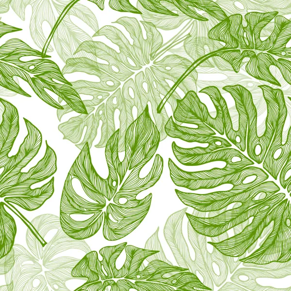 Grafisches Monsterblatt. Nahtloser Hintergrund mit Dschungelblättern. Schöne handgezeichnete exotische Pflanzen. Vektorillustration — Stockvektor