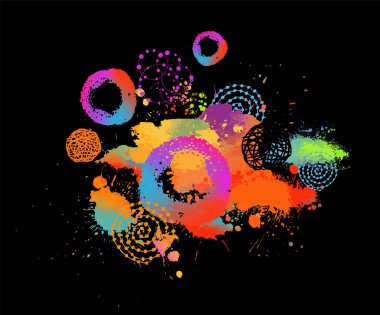 Siyah arkaplanda çok renkli lekeler var. vektör illüstrasyonu