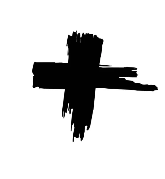 Icono de cruz grunge negro dibujado a mano, signo de cruz cristiana simple, símbolo de cruz pintado a mano creado con cepillo de tinta real aislado sobre fondo blanco . — Vector de stock