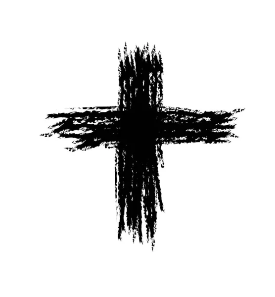 Icono de cruz grunge negro dibujado a mano, signo de cruz cristiana simple, símbolo de cruz pintado a mano creado con cepillo de tinta real aislado sobre fondo blanco . — Archivo Imágenes Vectoriales