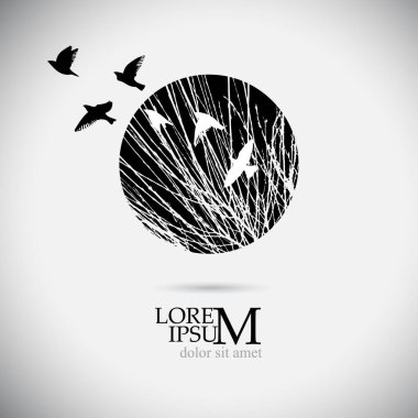 Uçan kuşlarla birlikte ağaç çemberinin dallarının logosu. Vektör illüstrasyonu
