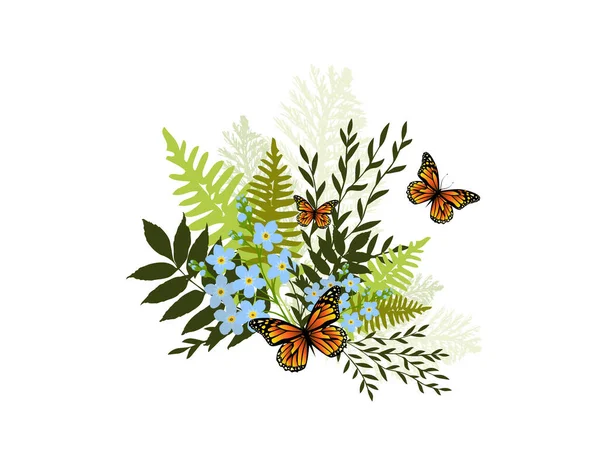 Ramo de flores y hojas con mariposas. Ilustración vectorial — Vector de stock