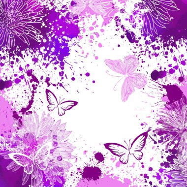Kelebekli ve lekeli mor soyutlama. Lekelerden ve kelebeklerden yapılmış Grunge çerçevesi. Hafif arkaplan. Vektör illüstrasyonu
