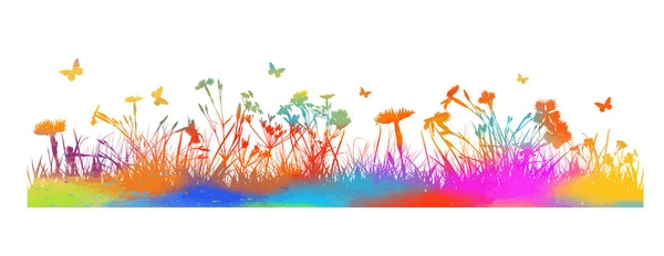 Silhouette of Rainbow grass. Flowers and butterflies on a multi-colored meadow. Vector illustration — Stock Vector