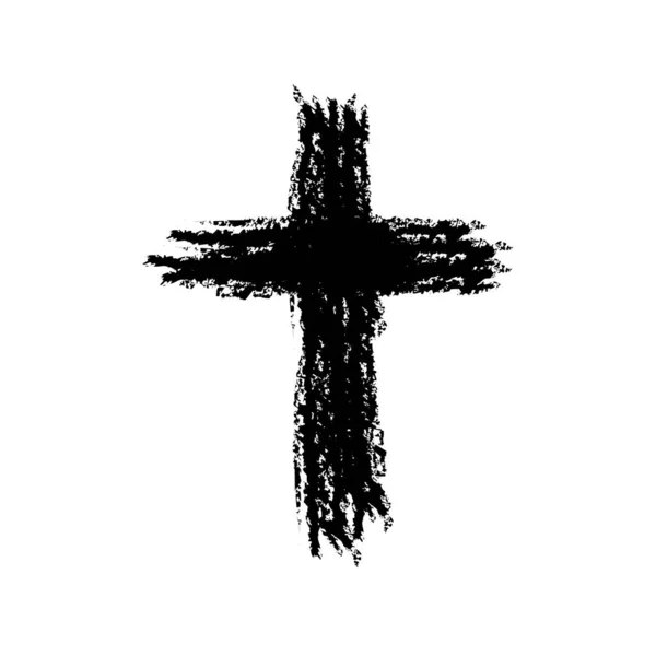 Icône de croix grunge noire dessinée à la main, simple signe de croix chrétienne, symbole de croix peint à la main créé avec un vrai pinceau d'encre isolé sur fond blanc . — Image vectorielle