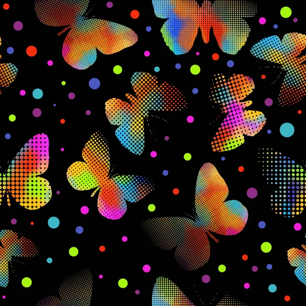 Färgglada fjärilar från prickar. Mörk bakgrund. Sömlös vektor illustration — Stock vektor