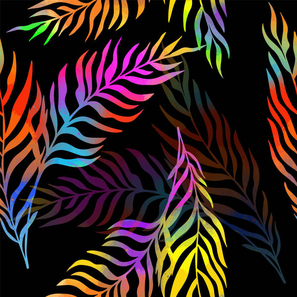 Seamless background of multicolored palm leaves. On a black background. Vector illustration