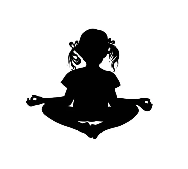 Niños Yoga Poses Vector Illustration. La silueta de una niña. Yoga en posición de loto. Ilustración vectorial Vector De Stock