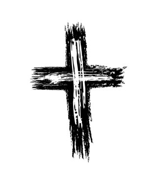 El çekilmiş siyah grunge simgesi, basit Hıristiyan çapraz işareti, haç sembolü el-boyalı beyaz arka plan üzerinde izole gerçek mürekkep fırçasıyla oluşturulan çapraz.