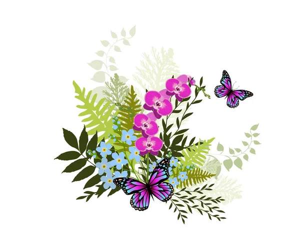 Ramo de flores y hojas con mariposas. Orquídea púrpura. Ilustración vectorial — Vector de stock