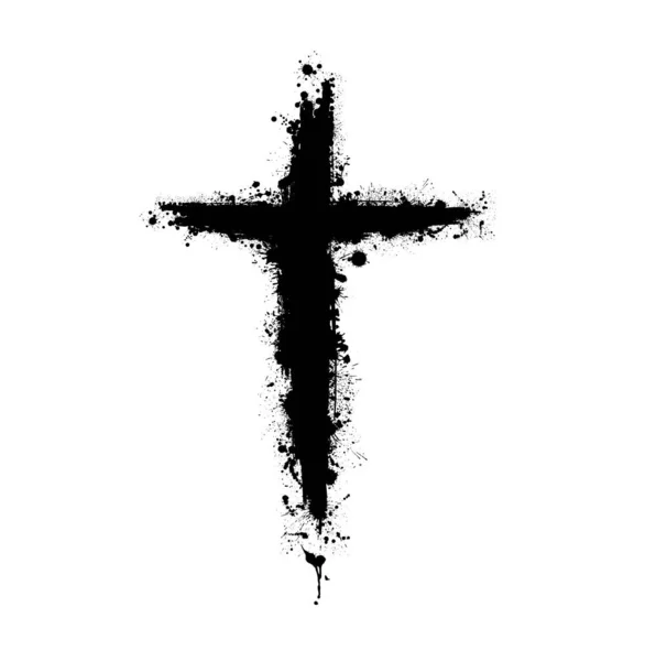 Icono de cruz grunge negro dibujado a mano, signo de cruz cristiana simple, símbolo de cruz pintado a mano creado con cepillo de tinta real aislado sobre fondo blanco . — Vector de stock