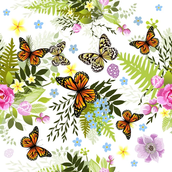 Hermoso fondo sin costuras con diferentes flores. Textura con mariposas. Ilustración vectorial — Vector de stock