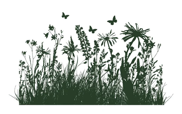 Silhueta de grama verde com flores. Ilustração vetorial — Vetor de Stock