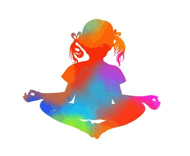 Çocuklar için Yoga Vektör Resimleri. Küçük bir kızın çok renkli silueti. Yoga nilüfer pozisyonunda. Vektör illüstrasyonu