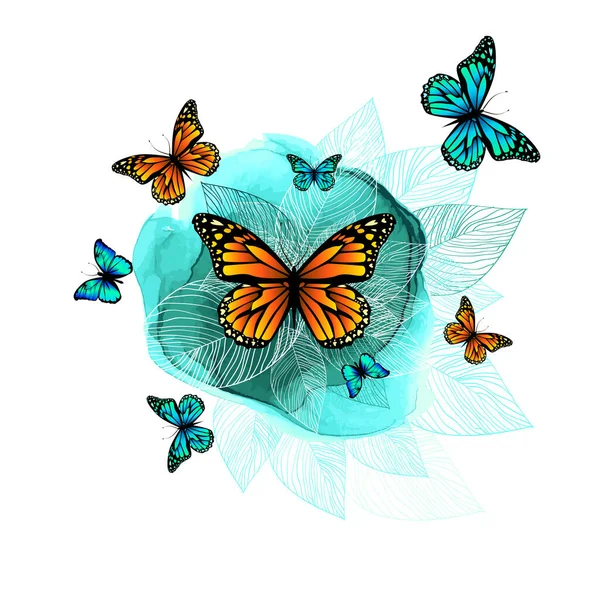Abstrakcja z niebieskich liści i pomarańczowych motyli. Ilustracja wektora — Wektor stockowy