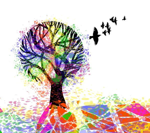 Αφηρημένο πολύχρωμο δέντρο με ιπτάμενα πουλιά. Εικονογράφηση διανύσματος — Διανυσματικό Αρχείο