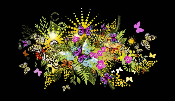 Floral summer abstraction with butterflies on a black background . Vector illustration — 图库矢量图片