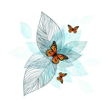 Mavi yapraklar ve kelebeklerden soyutlama. Vektör illüstrasyonu