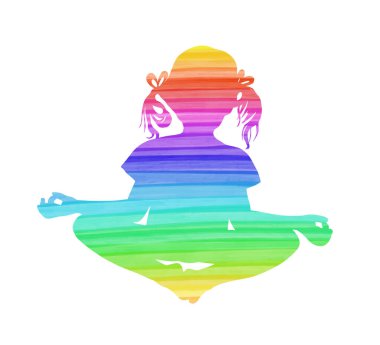 Çocuklar için Yoga Vektör Resimleri. Küçük bir kızın çok renkli silueti. Yoga nilüfer pozisyonunda. Vektör illüstrasyonu