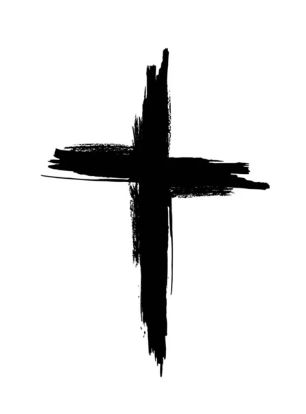 Icono de cruz grunge negro dibujado a mano, signo de cruz cristiana simple, símbolo de cruz pintado a mano creado con cepillo de tinta real aislado sobre fondo blanco . — Vector de stock