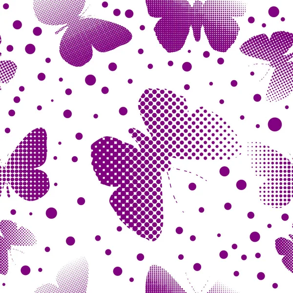 Bezešvé pozadí fialoví motýli z teček. Vektorová ilustrace — Stockový vektor