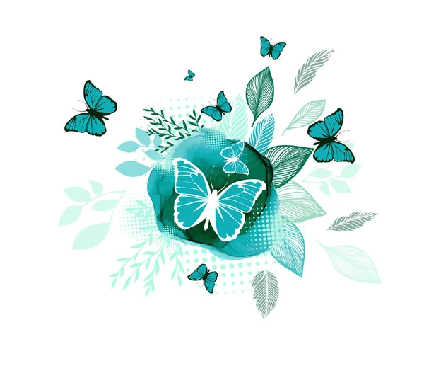 Kivonat a kék levelekből és pillangókból. Vektorillusztráció — Stock Vector